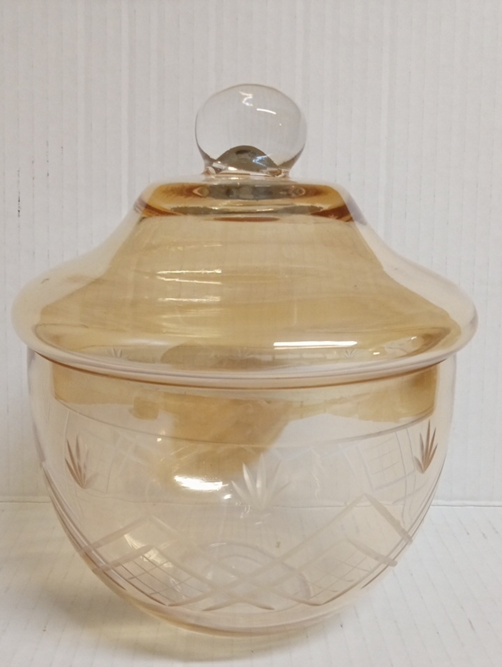 Vintage Amber Colored Etched Glass Lidded Apothecary Jar  7.5” tall x 6 Diameter